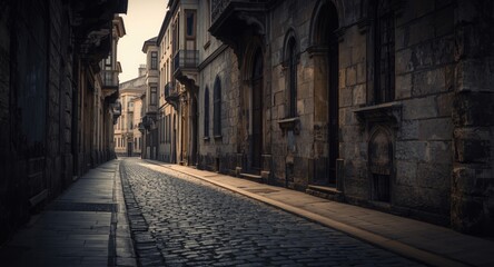 Obraz premium grayscale photo of a vintage cobblestone street with historic urban character