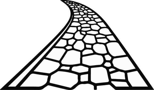 A winding stone path curving towards the horizon, black on white