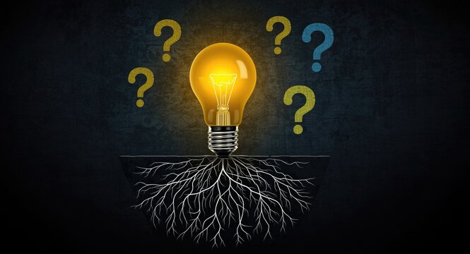 Brainstorming and root cause analysis represented by light bulb and multiple question symbols
