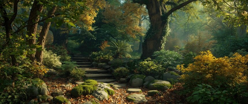 Animated woodland environment featuring lush deciduous tree foliage moss covered stones and charming bushes in filtered sunlight