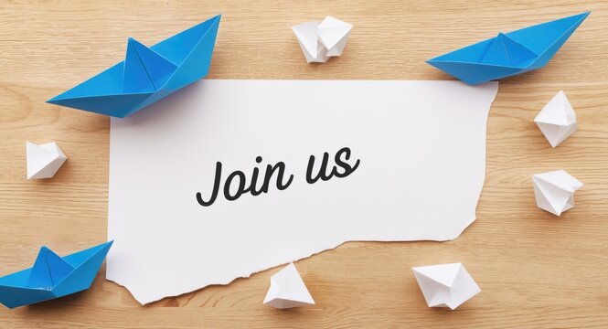 Blue paper boat and white paper ships illustrating join us call for job or community engagement