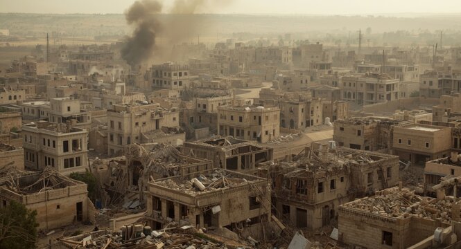 Cinematic background of devastated villages and collapsed structures after bombing