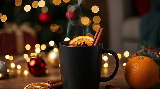 Festive mulled drink in mug, cinnamon sticks, orange, anise. Cozy Christmas scene