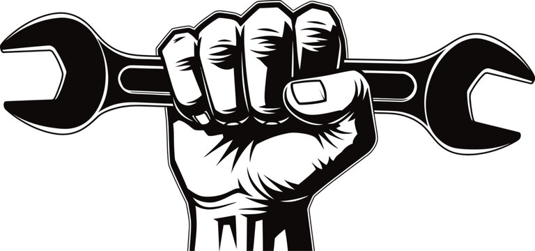 A clenched fist gripping a large adjustable wrench tightly in hand