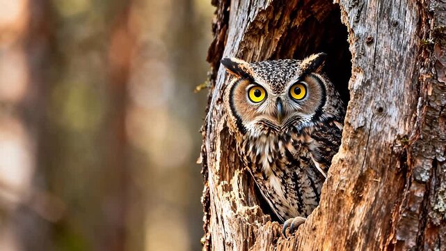Owl peeking from tree hollow