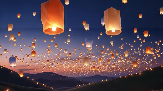 Thousands of glowing sky lanterns flying over hills at night