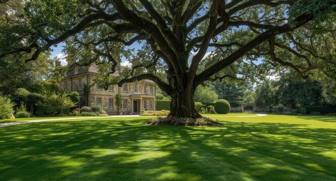 Manicured garden and a large tree beside a stately house with a vibrant green lawn