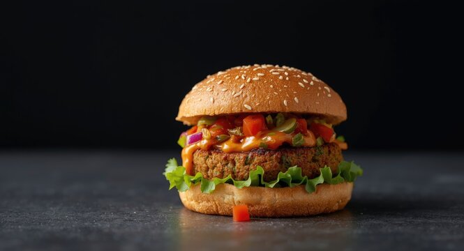 Satisfying vegan falafel burger topped with fresh vegetable medley and zesty sauce dark backdrop copy space