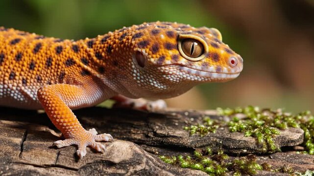 A vibrant, small reptile features striking orange and black spotted patterns across its textured skin. It rests calmly on a moss-covered piece of natural wood, its keen eye observing its surroundings.