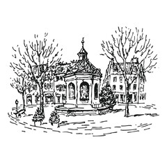 Fototapeta premium Black and white ink drawing of a classic European square
