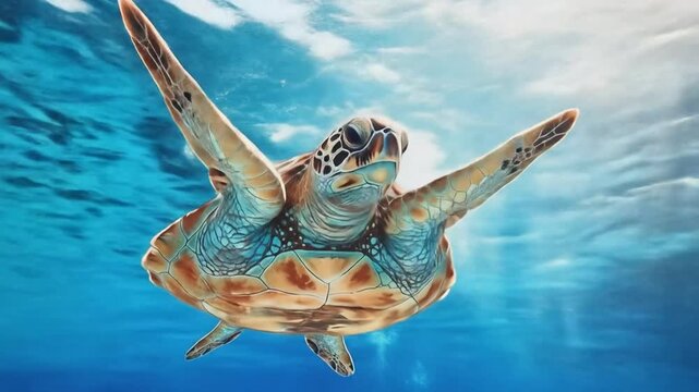 Swimming sea turtle underwater with sunlight ocean background