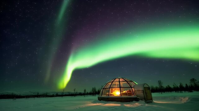 Night scene featuring aurora borealis over a snow-covered landscape and glass igloo