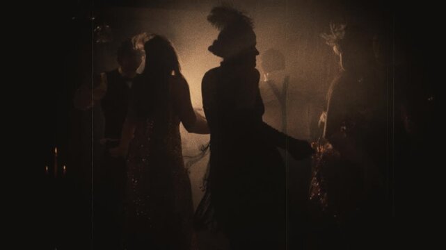 Old film 1920s style black and white sepia color group of people dancing crowd enjoying time in dark night out club. Women men flapper have fun joy at dance floor retro party rave 20s, roaring dress.