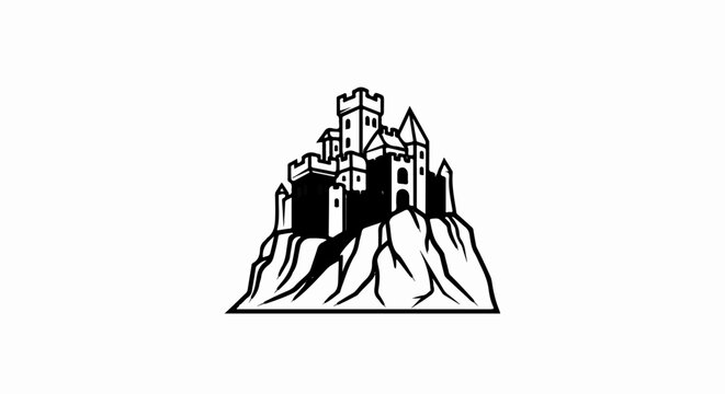 Stylized black and white illustration of a castle atop a rocky hill