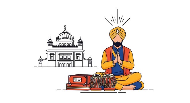 Illustration of a man in traditional attire, meditating with clasped hands before musical instruments and a temple building