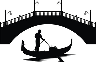 Black silhouette of a gondolier and gondola under a bridge vector © Itz Rakesh