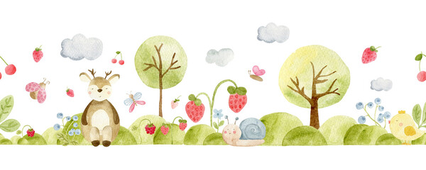 Watercolor woodland animals border with deer snail bird and strawberries © SophieMyWatercolor