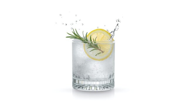 Classic gin and tonic cocktail with fresh lemon and rosemary splash captured on white backdrop