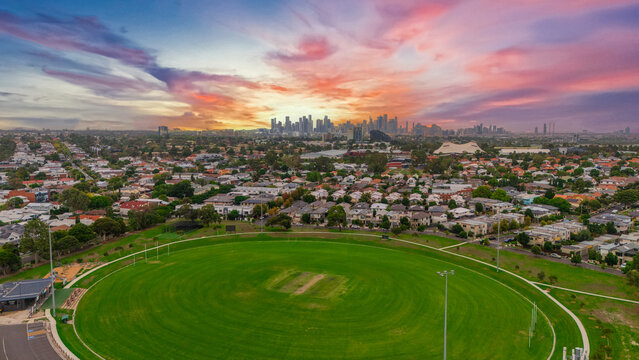 Panoramic Aerial Drone view of Inner Suburbs of Melbourne housing, roof tops, the streets and the parks, the roads and trees of Ascot Vale Moonee Ponds Brunswick Essendon and Maribyrnong in VIC Victor