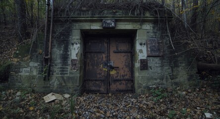 Eerie Abandoned Fallout Shelter Entrance with Heavy Metal Door