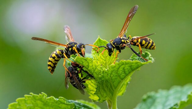 Three yellowjackets perch on a green leaf against a soft-focused green background in a natural outdoor setting