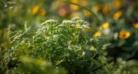 Fototapeta premium Sunny outdoor coriander plant with shallow focus in a home vegetable garden