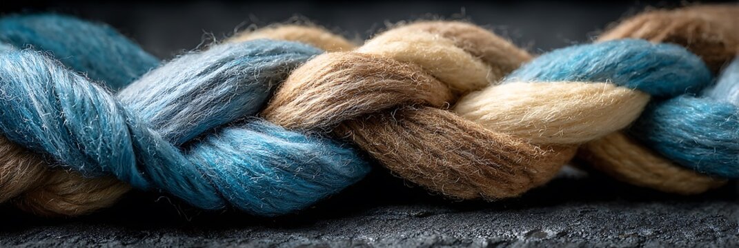 Macro close up of blue and beige braided rope showing detailed fiber texture on a dark background representing strength unity and teamwork concepts for business