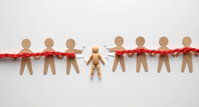 Broken paper chains with a lost doll symbolizing fractured friendship and teamwork