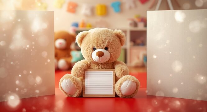 Plush teddy bear grasping a note board on a warm red surface