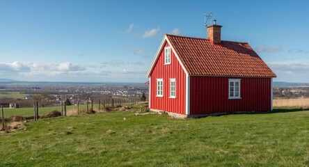 Bright red cottage in countryside setting with cityscape visible in the distance