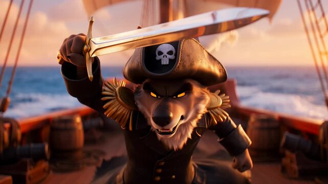 Ferocious cartoon wolf pirate captain threatening with sword on ship deck ready for adventure and nautical theme displayed at sunrise