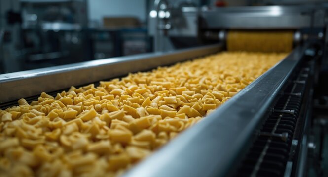 Close up of raw macaroni on conveyor in pasta factory line