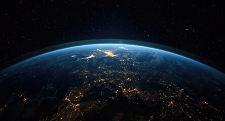 Obraz premium Detailed nighttime Earth view with glowing flares and ample copy space for text