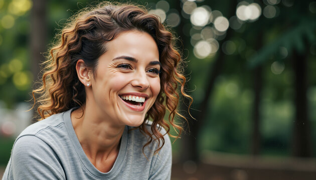 Young woman smiling joyfully outdoors in a green park  