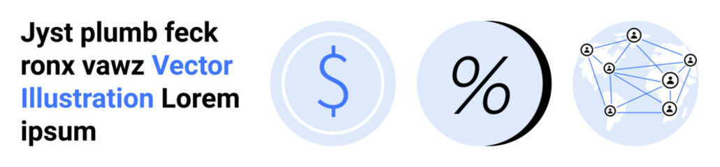 Three finance icons including a dollar sign, percent symbol, and network of connected nodes. Ideal for financial websites, investment blogs, fintech apps, banking services, economic reports