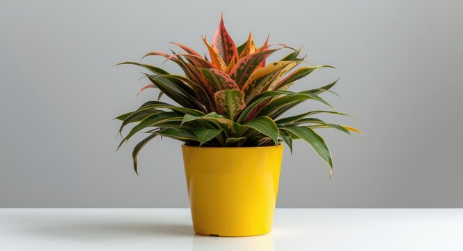 Bright Schubert Aechmea Bromeliad with orange berries in a sunny yellow pot for home decor