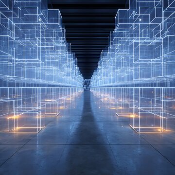 Futuristic Digital Data Center Corridor with Glowing Blue Wireframe Cubes and Cybernetic Network Infrastructure Representing Artificial Intelligence and Virtual Reality