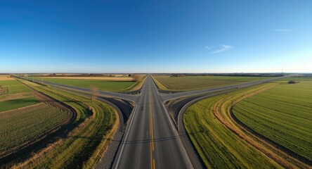 Fototapeta premium Straight wide road dividing into multiple directions surrounded by fields