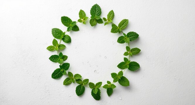 Circle of fresh aromatic mint leaves creating a frame on a white textured surface with copy space