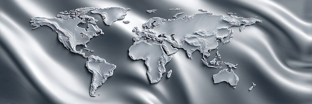 Silver Metallic World Map on Wavy Silk Background Representing Global Business Connectivity International Trade and Worldwide Corporate Network Solutions for Industry