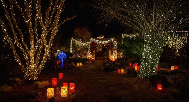 Christmas luminarias and radiant trees lighting up a festive southwestern garden at nighttime