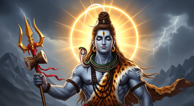 Lord Shiva with Trident and Serpent in Majestic Himalayan Lightning Storm Landscape
