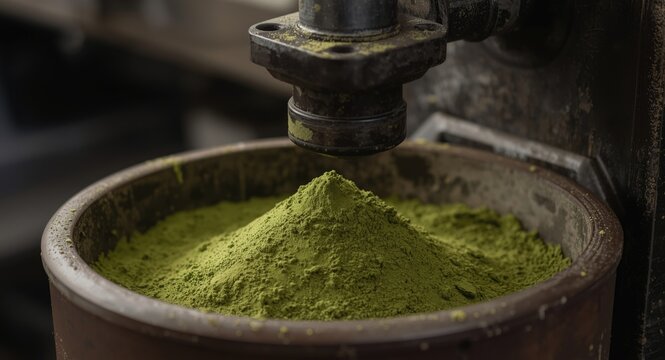Detailed close-up of matcha powder preparation with a grinding stone machine in a tea factory