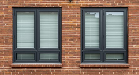 Obraz premium Double glazed window frames paired with external blinds on condo exterior including promotional text space