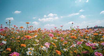 Naklejka premium Brightly blooming flowers spread across a sunny meadow with clear sky and soft clouds