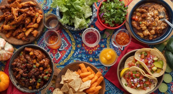 A lively Mexican tablecloth adorns a table topped with bowls of carnitas pork chicharron and fresh produce