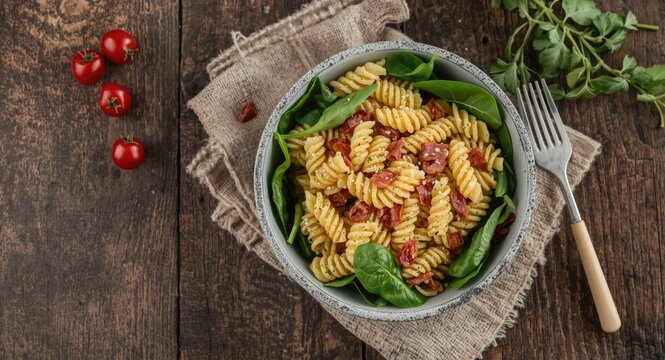 Bowl of summer pasta salad with spinach, bacon, and rotini pasta noodles