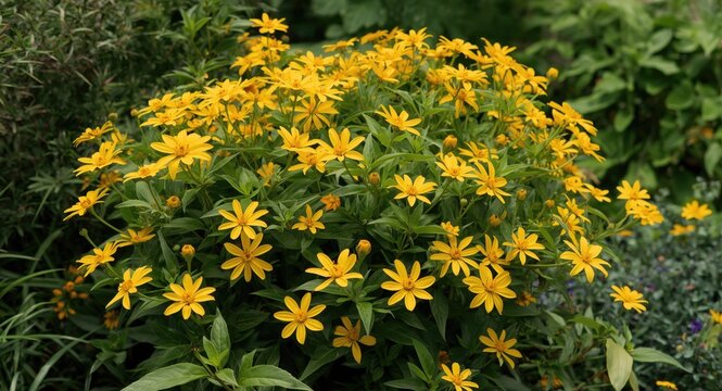 Bright yellow bidens cernua flowers blooming in a lush garden with vibrant greenery in a residential yard