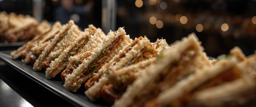 Close up of catering buffet displaying triangular sandwiches for business and festive event dining