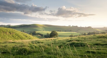 Obraz premium Artistic portrayal of a rolling grassy landscape featuring meadow and pasture